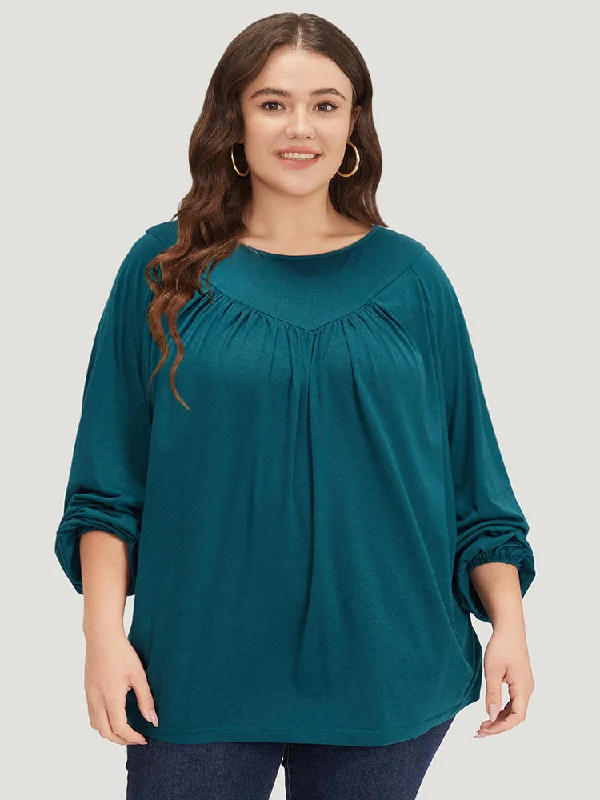 plain-plicated-detail-round-neck-lantern-sleeve-t-shirt