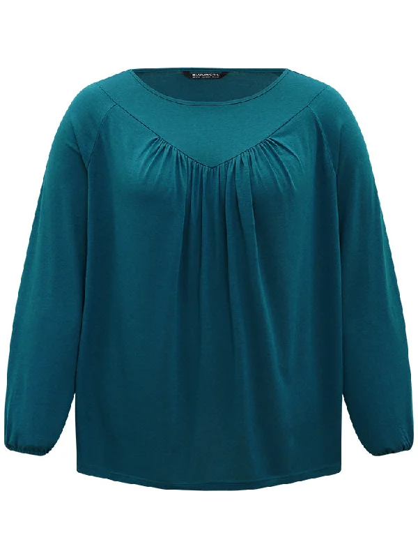 plain-plicated-detail-round-neck-lantern-sleeve-t-shirt