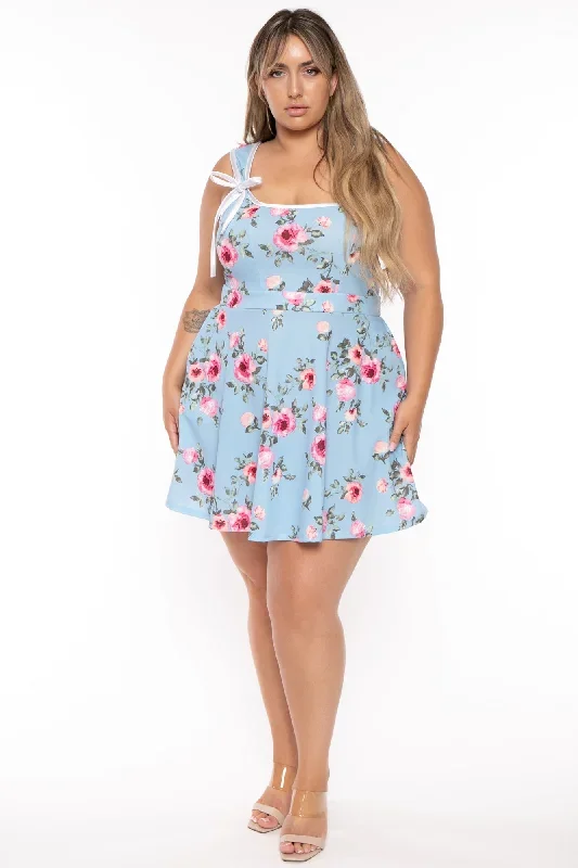 Plus Size Mirsa Floral Flare  Dress- Blue