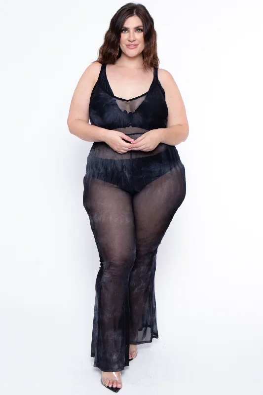 Plus Size Tie Dye Cami Mesh Coverup Jumpsuit - Black