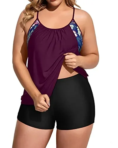 Loose Fit Tankini Top With Boy Shorts For Curvy Women-Wine Red Leaves