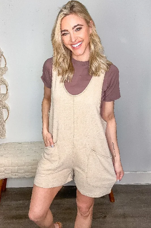 Beige Mineral Washed Lounge Romper With Hood