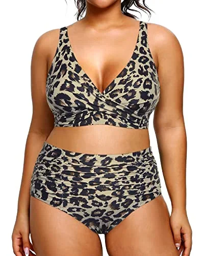 Push Up High Waisted Tummy Control Plus Size Bikini Swimsuit-Leopard