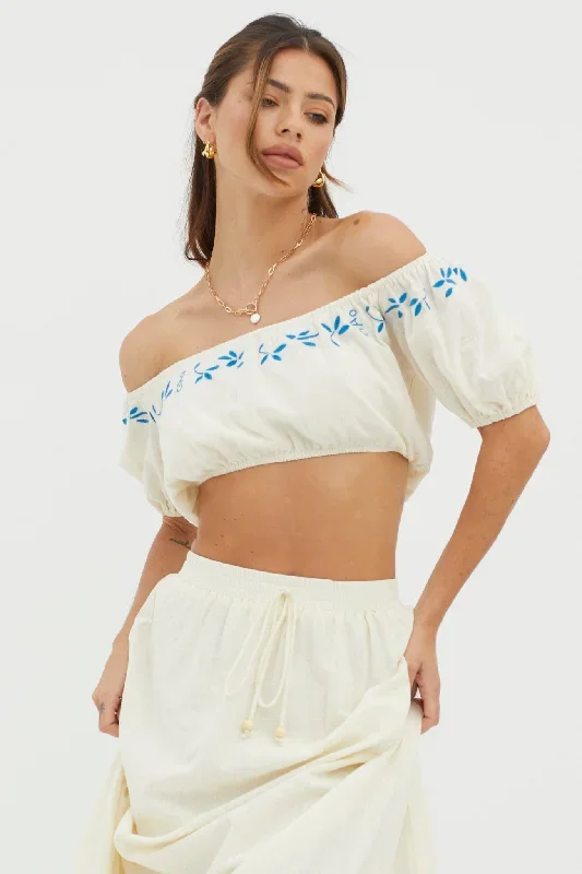 Ritual Puff Sleeve Embroidered Crop Top Beige