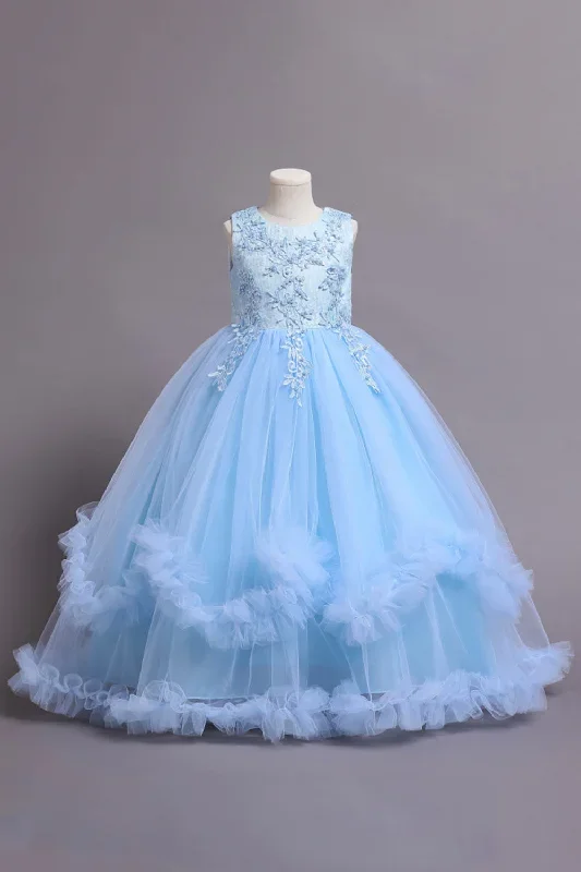 Robes de filles bleues perlées de tulle avec appliques