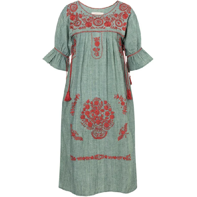 EMBROIDERED COTTON DRESS IN GREEN/CORAL