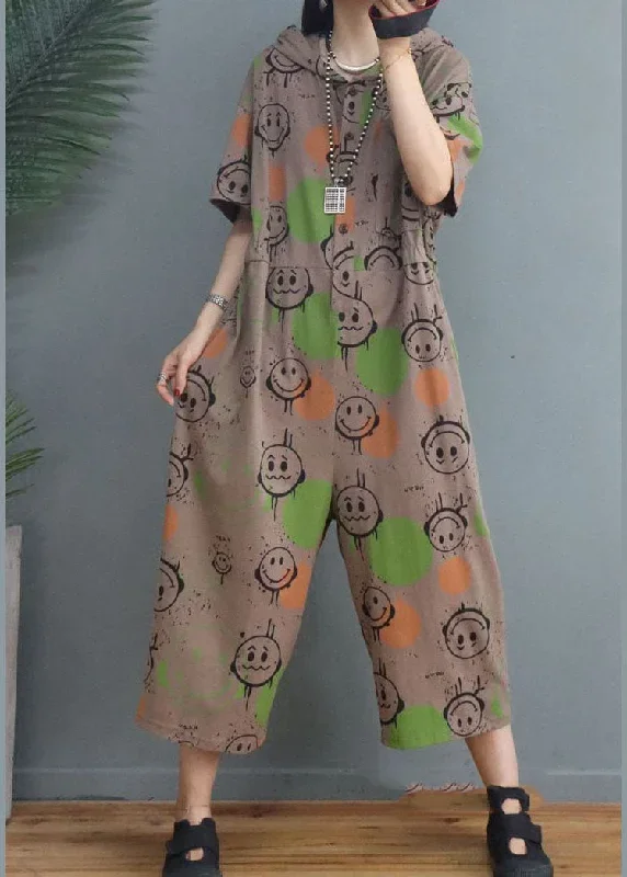 Simple Khaki Hooded Print Cotton Jumpsuits Half Sleeve