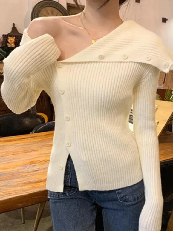 Solid Irregular Lapel Neck Off Shoulder Long Sleeve Knit