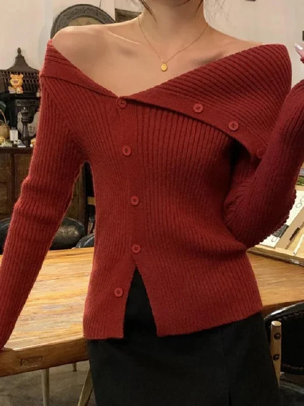 solid-irregular-lapel-neck-off-shoulder-long-sleeve-knit