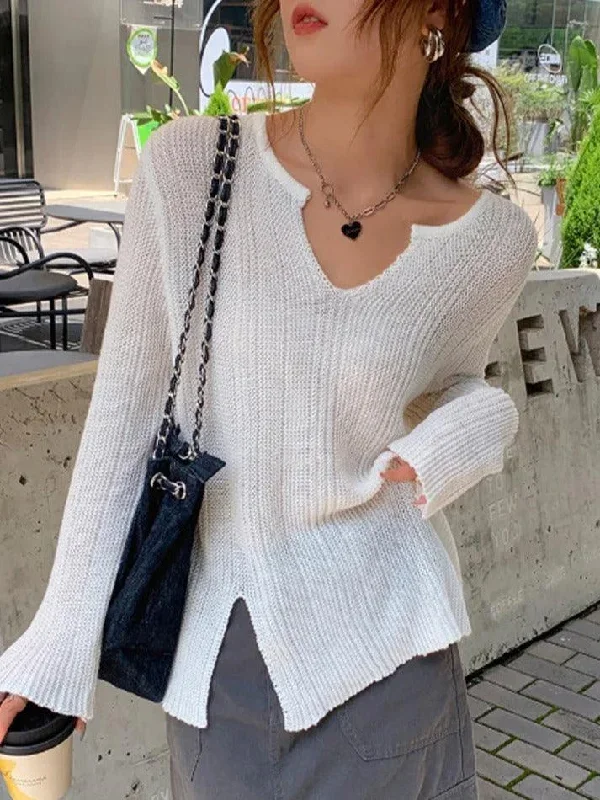 solid-v-neck-slit-thin-long-sleeve-knit