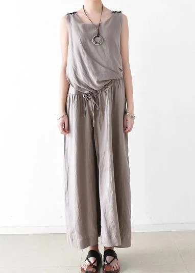 Spring Women Cotton Hemp Loose Wide Leg Jumpsuit Casual Pants