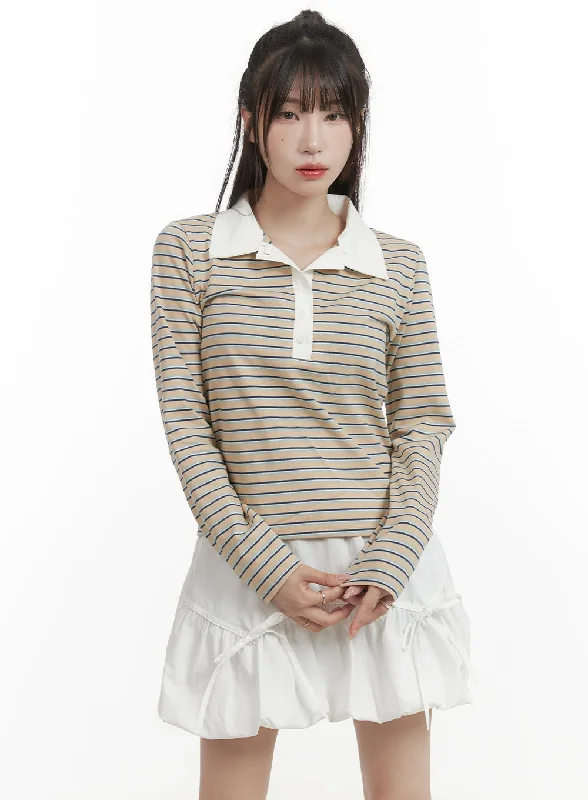 Striped Buttoned Collar Long Sleeve CY407