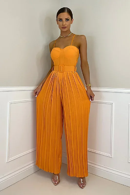 FashionSierra - Casual Sleeveless Sashes Pleated Wide Leg Jumpsuit