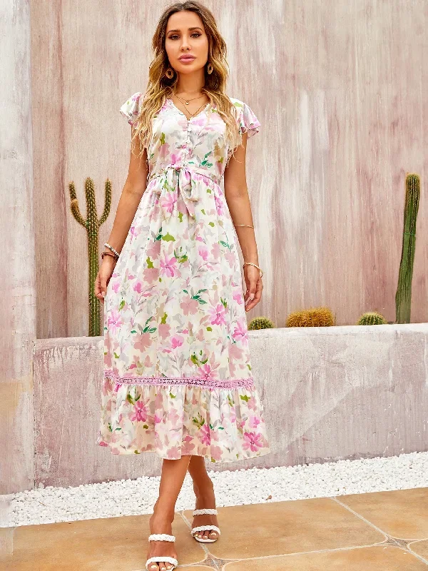 Summer new French texture advanced thin pink printed waist dress Y-32881