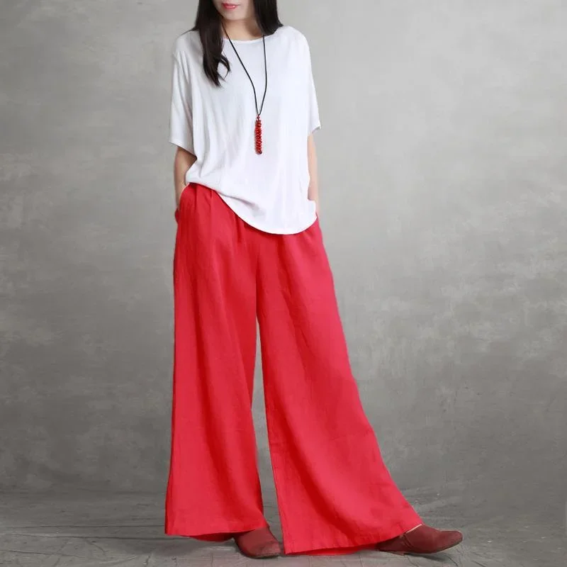 Summer Thin Red Linen Wide Leg Pants Simple Literary Loose Long Pants