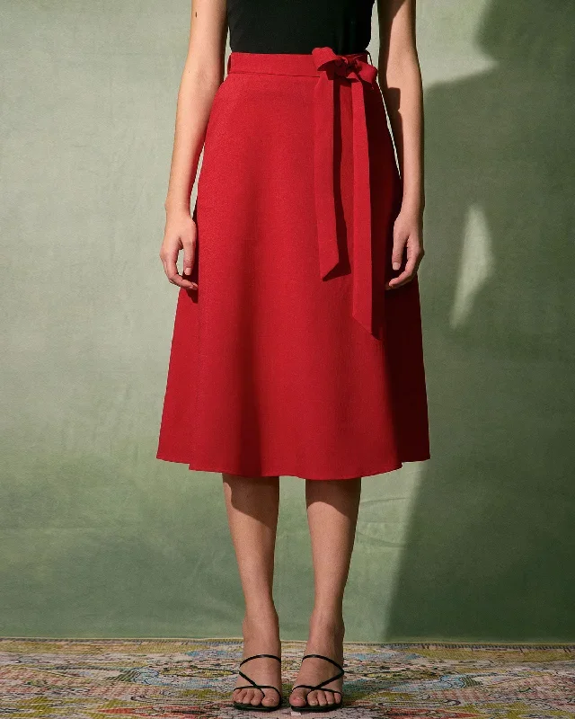 The Red High-Waisted Tie Strap Midi Skirt