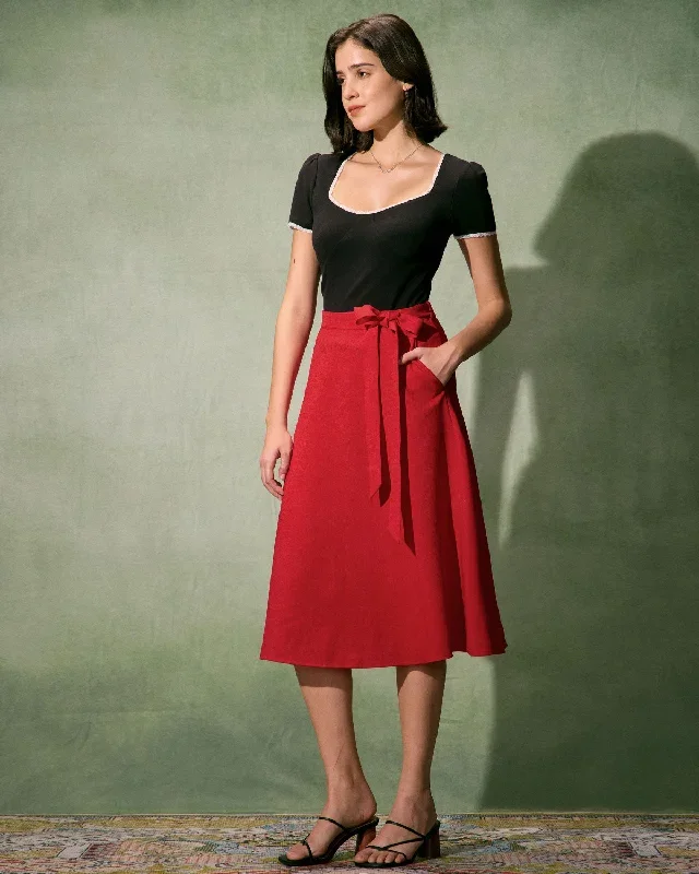 the-red-high-waisted-tie-strap-midi-skirt