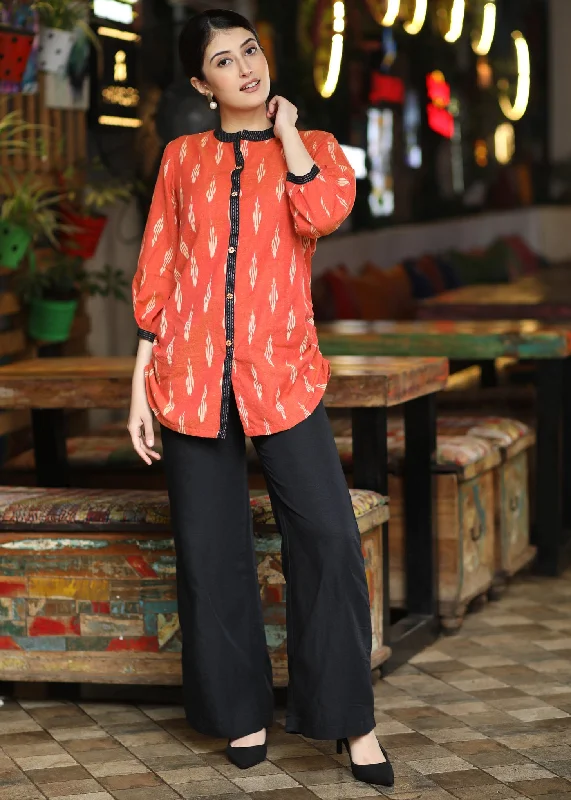 Trendy Orange Cotton Ikat Casual Shirt Highlighted Black Kantha & Mandarin Collar