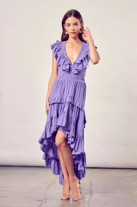 V-Neck Hi Lo Ruffle Dress