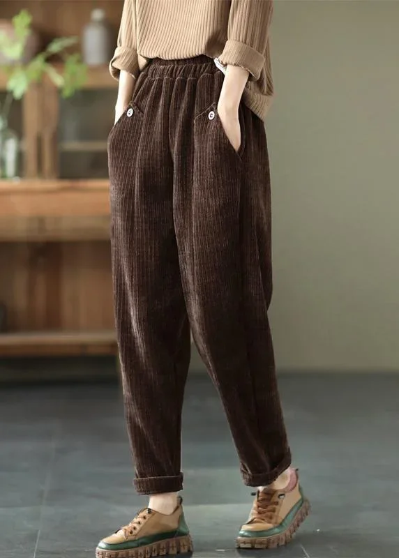 Vintage Coffee Thick Button Pockets Straight Casual Fall Pants