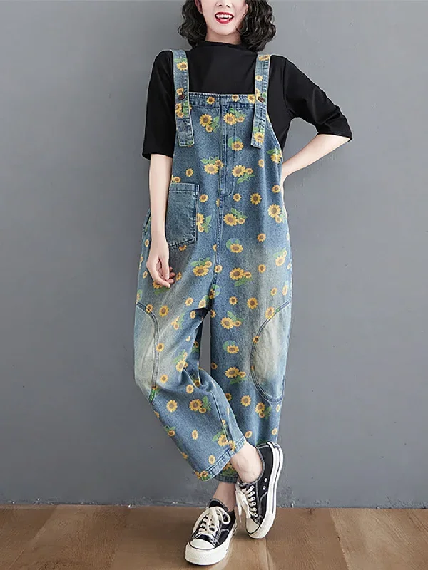 Vintage Sunflower Worn Pocket Denim Jumpsuits Summer