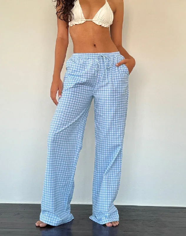 Wasic Wide Leg Linen Trouser in Blue Gingham