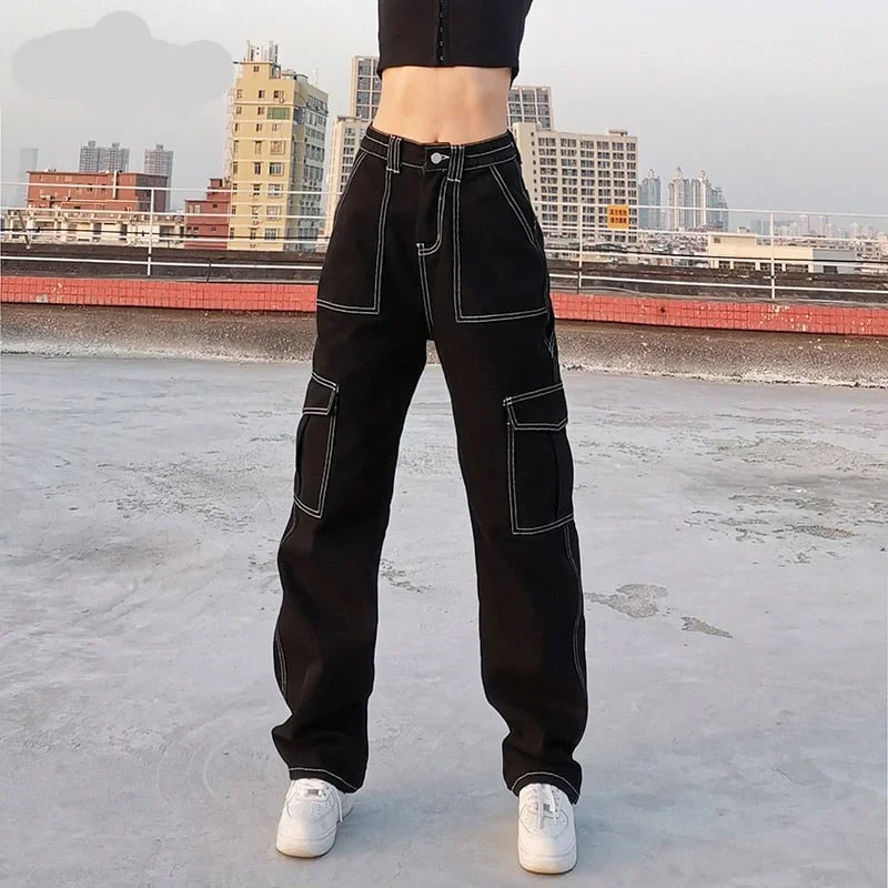 CityHottie - Weekeep Pockets Patchwork Baggy Jeans Fashion Streetwear 100% Cotton Women Denim Trouser Loose Cargo Pants Korean Jeans Harajuku