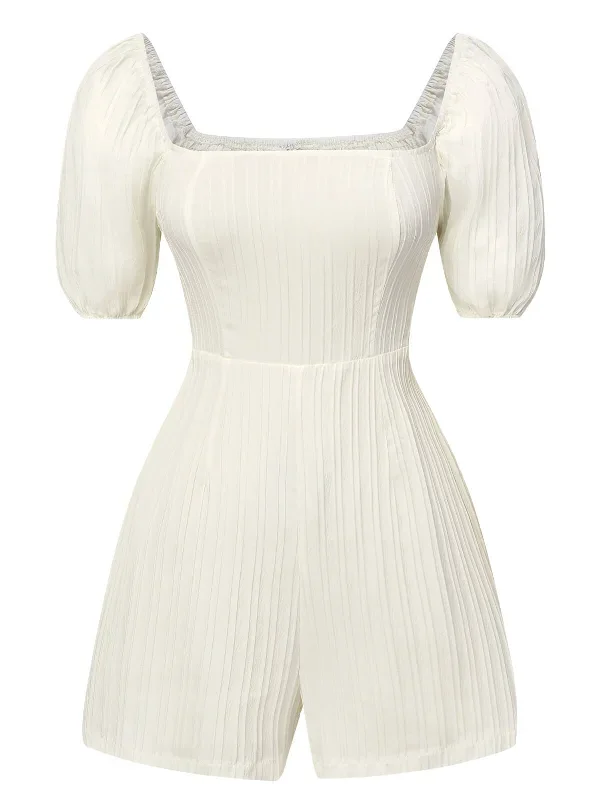 White 1960s Solid Puff Square Neck Romper