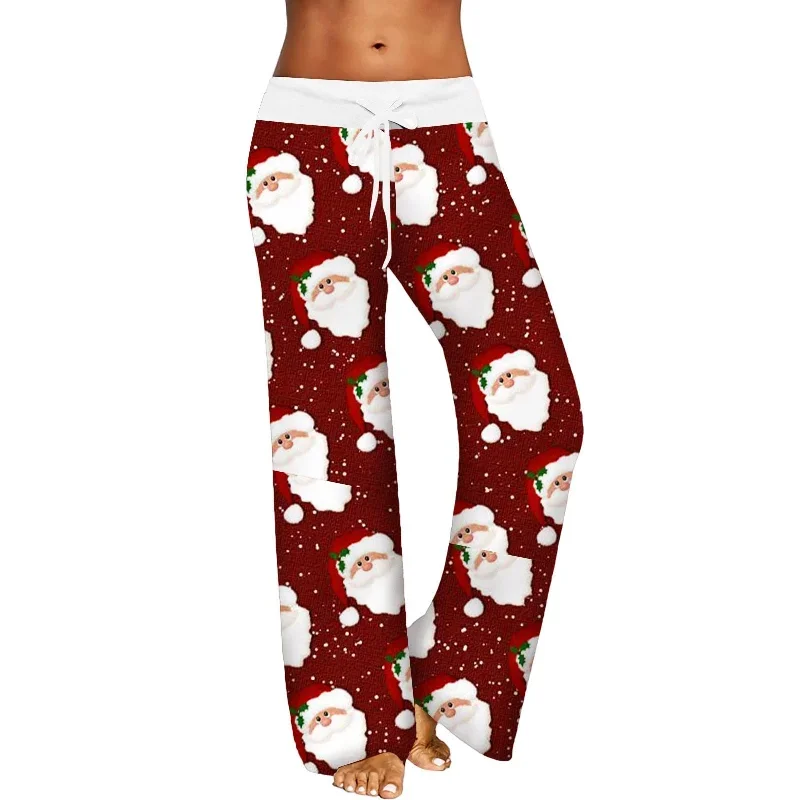 CityHottie - Womens Christmas Pants Cartoon Santa Claus Print Pants Wide Leg Pants Pull Rope Elastic Drawstrings Sweatpants Straight Trousers