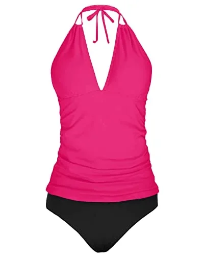 Women's Halter Tankini Tops Bikini Bottom Bathing Suit-Neon Pink And Black