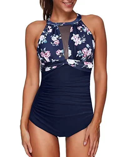 Halter High Neck Mesh Plunge Swimsuit With Tummy Control-Navy Blue Floral