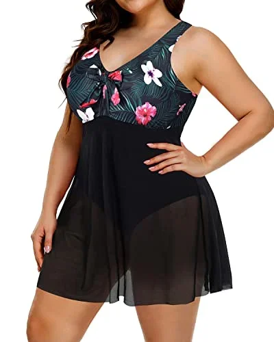 V Neck Plus Size Tummy Control Swimsuit For Women-Black Floral