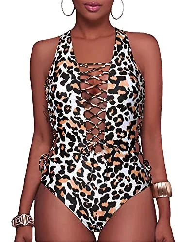 Flattering Lace Up Strappy Cutout Swimwear-Leopard