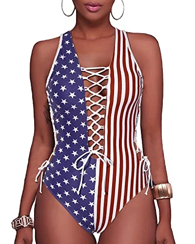 Strappy Cutout Monokini Sexy One Piece Swimsuits-National Flag