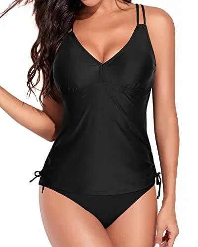 Criss Cross Ruched Tankini Swimsuits For Women-Black