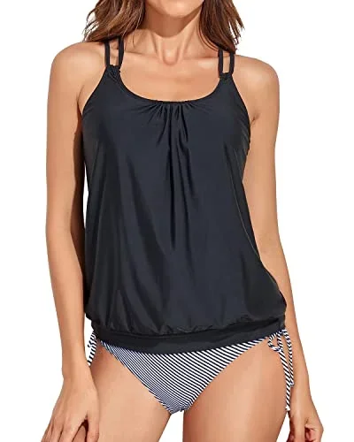 Athletic Two Piece Tankini Bathing Suits For Women Tummy Control Swimsuits-Black Stripe