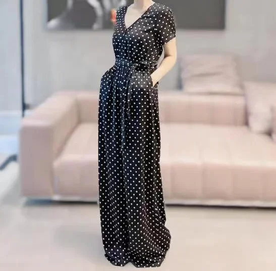 Workwear jumpsuit women's high-end temperament black polka-dot dress 32710