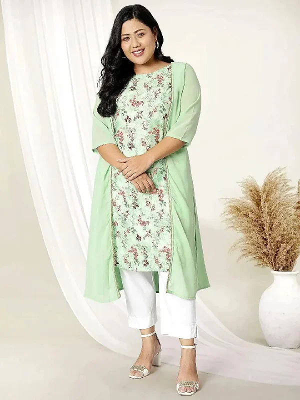 Plus Size Green Poly Crepe Floral Print A-line Kurta