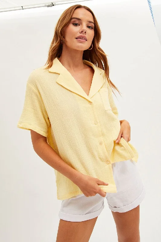 Yellow Textured Shirt Short Sleeve Collared Cotton